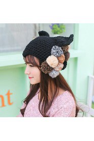 Women Lovely Fur Ball Decorated Devil Angle Orecchiette Wool Knit Hat