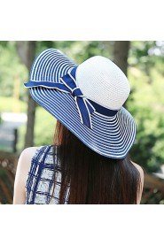 Women Vintage Cute Casual Spring Summer Black And White Striped Bows Hand-woven Straw