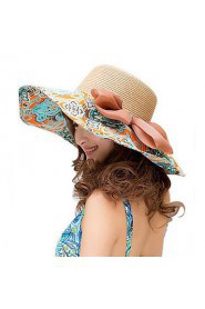 Women Canvas Floral Straw Wide Brim Foldable Straw Sun Hat