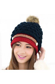 Women Winter Knitted Hat Knit Crochet Faux Fur Pom-Pom Beret Hat Braided Ski Cap