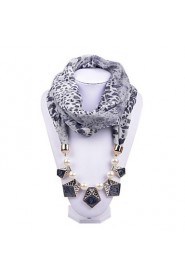 Women Infinity Ring Scarf Necklace Black Leopard Printing Chiffon with Pearl Beads Pendant Scarves