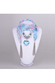 Women's Chiffon Scarf necklace Aquamarine Heart Pendant Scarf Necklace with tassels