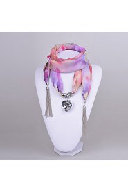 Women Chiffon Scarf necklace with Glass Heart Pendant