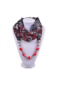 Women Floral Printing Chiffon Scarf Red Acrylic Brush Painting Beads Pendant Scarves