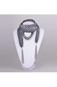 Women's Grey Leapord Chiffon Scarf necklace Silver CCB Ring Scarf Necklace with tassels