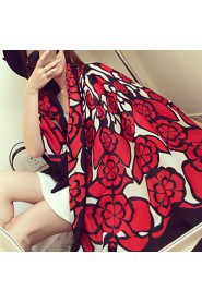 Spring Fashion Chinese Red Large Flower Double-sided Printed Silk Scarf Cotton Oversized Shawl