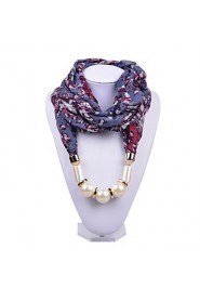 Women Blue Scarf Necklace Personality Floral Printing Chiffon Wraps with Pearl Beads Pendant Scarves