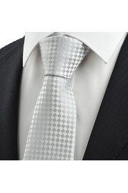 Men's Silver Ash Gray Check Tie Formal Wedding Party Work Casual Necktie With Gift Box