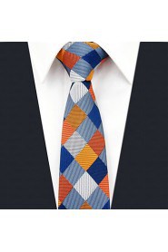 Men's Tie Orange Checked Skinny Necktie Fashion 100% Silk Casual