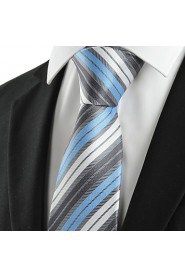 Men's Striped Blue Grey Microfiber Tie Necktie For Wedding Party Holiday With Gift Box
