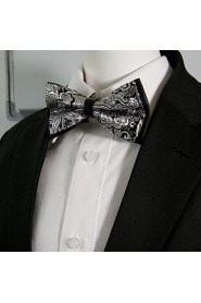 Men's Black White Flower Silk Blend Pre-tied Bow Tie Ajustable Dress Wedding