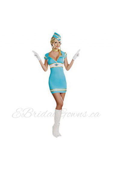 Sexy Girl Blue Polyester Carnival Stewardess Uniform