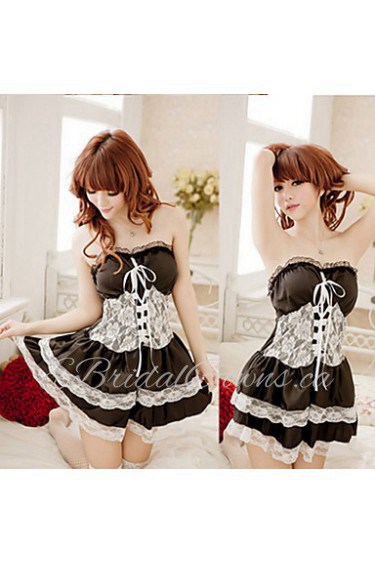 White Lace Black Polyester Maidservant Lingerie