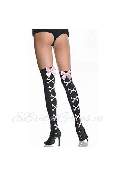 Black Nylon Vivid Bones Pattern Women's Halloween Stockings with Pink Bow
