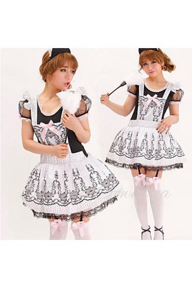 Sexy Black And White Satin Maid Halloween Costume(4 Pieces)