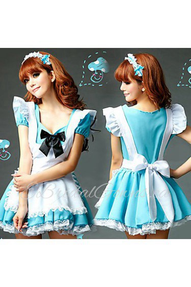 Sweet Girl White Apron Sky Blue Polyester Maid Uniform