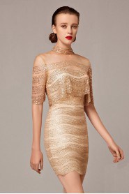 High Neck Evening Dress Knee-length Sheath / Column Cocktail Party / Prom Dress with Paillettes