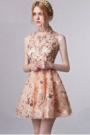 A-line High Neck Satin Hollow Out Cocktail Party / Prom Dress Mini / Short Evening Dress