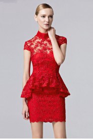 Short Sleeve Hollow Out Lace High Neck Mini / Short Sheath / Column Cocktail Party Dress