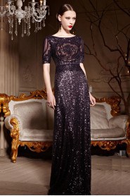 Half Sleeve Floor-length Scoop Evening Dress with Paillettes