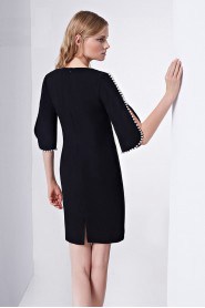Half Sleeve Scoop Mini / Short Sheath / Column Cocktail Party Dress with Pearl