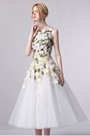 A-line Scoop Tea-length Evening Dress with Crystal