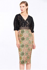 V-Neck Evening Dress Half Sleeve Knee-length with Embroidery