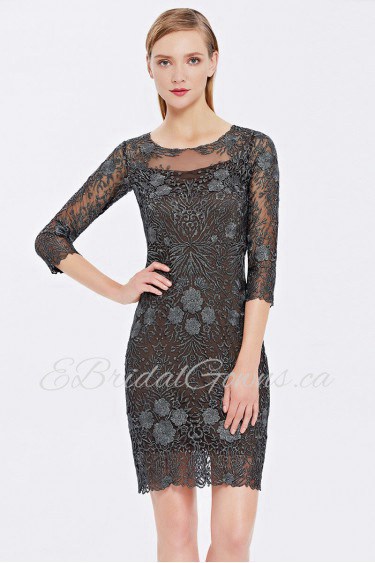 Scoop Hollow Out 3/4 Length Sleeve Mini / Short Cocktail Party / Prom Dress with Embroidery