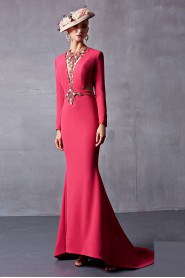 Long Length V-Neck Evening Dress Sweep / Brush Train with Crystal
