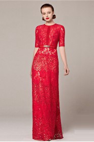 Scoop Half Sleeve Floor-length Sheath / Column Evening Dress with Embroidery