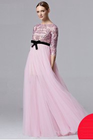 A-line 3/4 Length Sleeve Scoop Floor-length Evening / Prom Dress with Bow(s) Sash / Ribbon