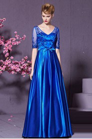 V-Neck Half Sleeve Evening / Prom Dress with Crystal Sash / Ribbon