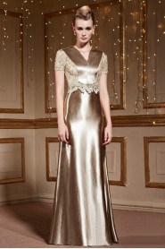 A-line V-Neck Floor-length Short Sleeve Evening / Prom Dress
