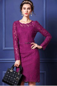 Lace Knee-length Long Sleeve Scoop Lace Mother of the Bride Dress