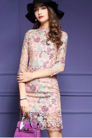 Sheath / Column Lace Knee-length 3/4 Length Sleeve High Neck Embroidery Mother of the Bride Dress