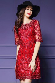 Knee-length Short Sleeve Scoop Embroidery,Lace Mother of the Bride Dress