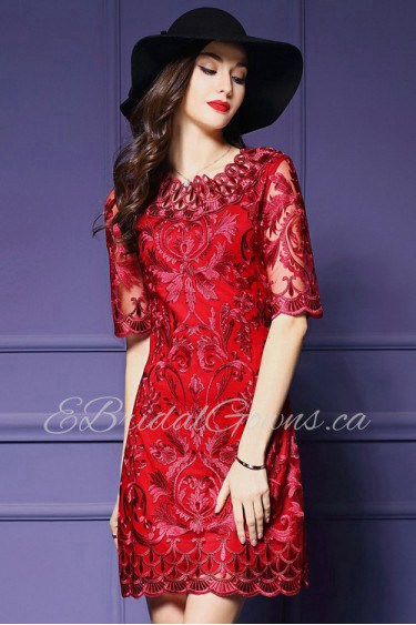 Knee-length Short Sleeve Scoop Embroidery,Lace Mother of the Bride Dress