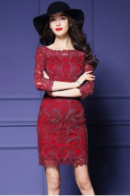 Lace Knee-length 3/4 Length Sleeve Scoop Mother of the Bride Dress