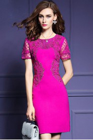 Hollow Out Sheath / Column Knee-length Short Sleeve Scoop Openwork Embroidery Mother of the Bride Dress