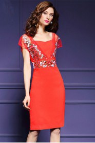 Chiffon Knee-length Short Sleeve Square Embroidery Mother of the Bride Dress