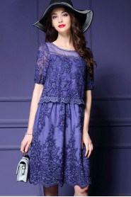 A-line Knee-length Short Sleeve Scoop Embroidery Mother of the Bride Dress