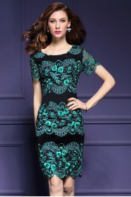 Knee-length Short Sleeve Scoop Embroidery Mother of the Bride Dress