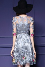 Lace Tulle A-line Knee-length Half Sleeve Scoop Embroidery Mother of the Bride Dress