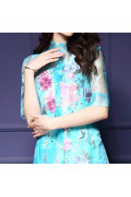 Organza Knee-length Half Sleeve High Neck Placket:Button Embroidery Organza Mother of the Bride Dress