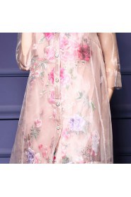 Organza Knee-length 3/4 Length Sleeve High Neck Placket:Button Embroidery Organza Mother of the Bride Dress