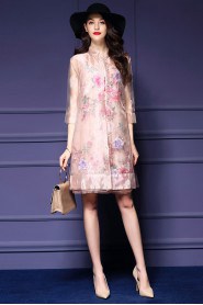 Organza Knee-length 3/4 Length Sleeve High Neck Placket:Button Embroidery Organza Mother of the Bride Dress