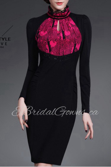Sheath / Column Knee-length Long Sleeve High Neck Openwork Embroidery Mother of the Bride Dress