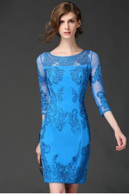 Sheath / Column Short / Mini 3/4 Length Sleeve Scoop Embroidery Mother of the Bride Dress