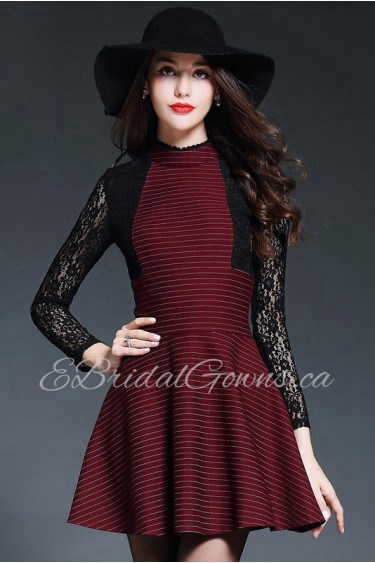 Hollow Out Lace Short / Mini Long Sleeve High Neck Lace Mother of the Bride Dress