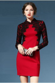Sheath / Column Lace Knee-length Long Sleeve High Neck Lace Mother of the Bride Dress